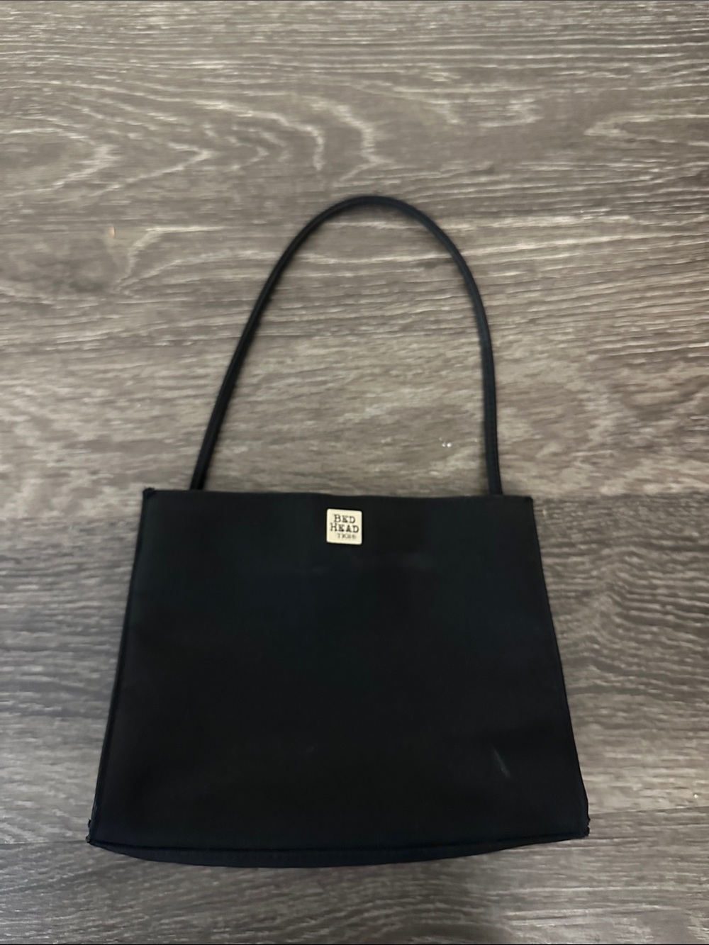BedHead Mini Black Shoulder Bag with Gold Logo Plaque